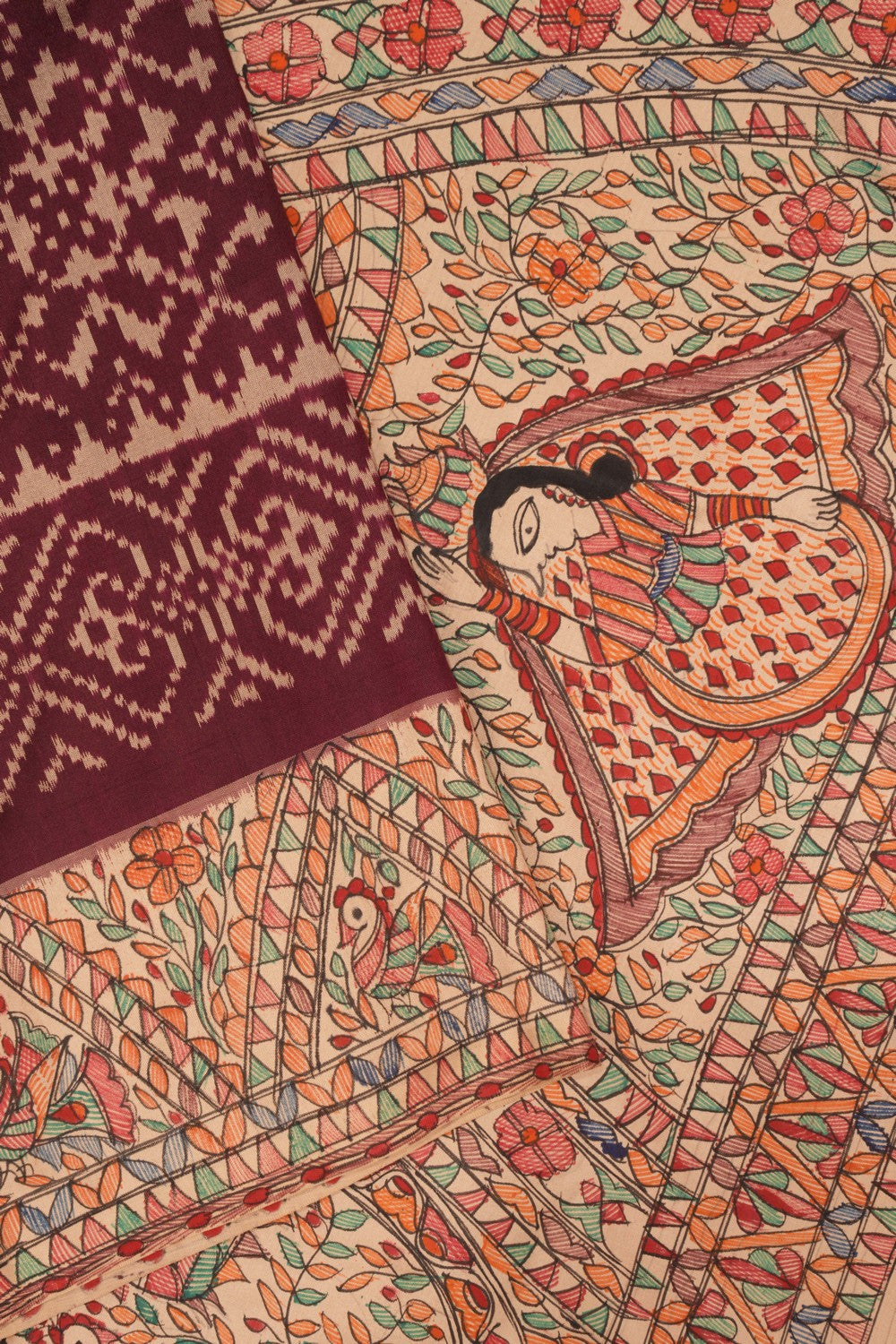 Image of Madhubani Painted Maroon Saree